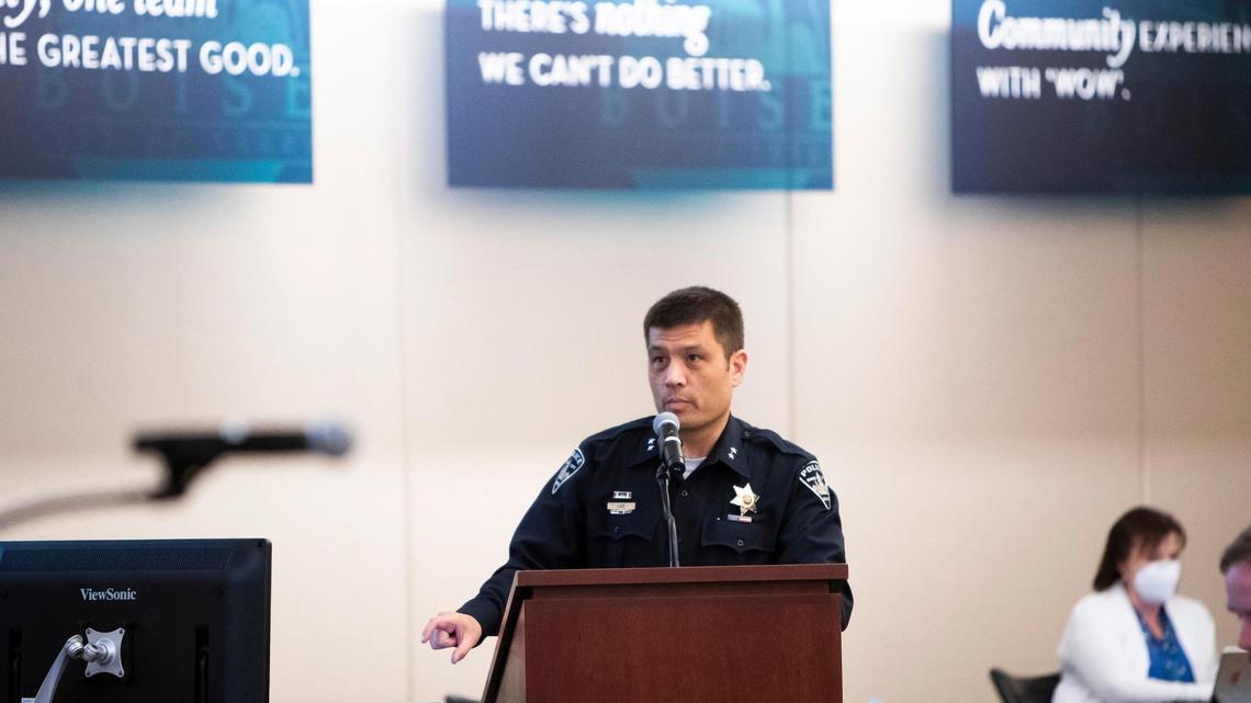 Boise Police Chief Ryan Lee addresses the Boise City Council in April 2022. Later that year, he resigned at the mayor’s request.