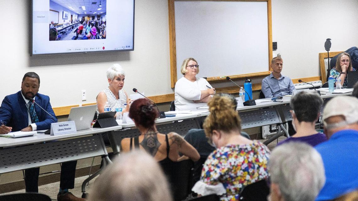 Meridian Library District’s board of trustees listen to public comment on Wednesday, Aug. 17, 2022.
