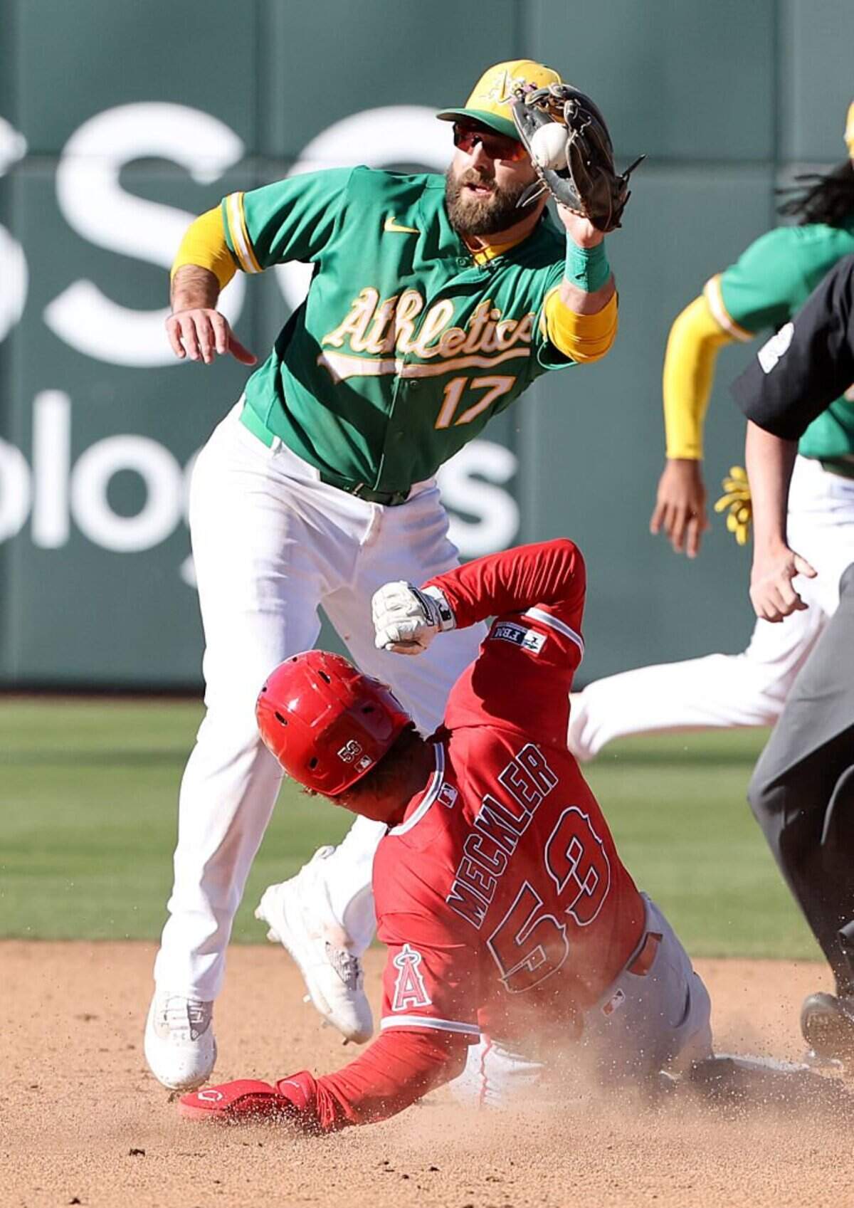 LAS VEGAS, NEVADA - MARCH 07: Wade Meckler #53 of the Los Angeles Angels slides into second base as he is caught stealing by Michael Stefanic #17 of the Athletics in the eighth inning of a spring training game at Las Vegas Ballpark on March 07, 2026 in Las Vegas, Nevada. The Angels defeated the Athletics 3-0. (Photo by Ethan Miller/Getty Images)
