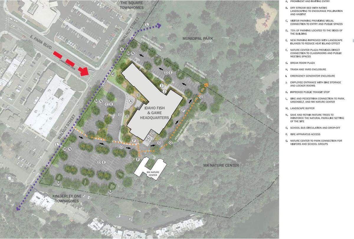 A conceptual drawing shows how the proposed headquarters building for the Idaho Department of Fish and Game would be situated on the agency’s land at 600 S. Walnut St.