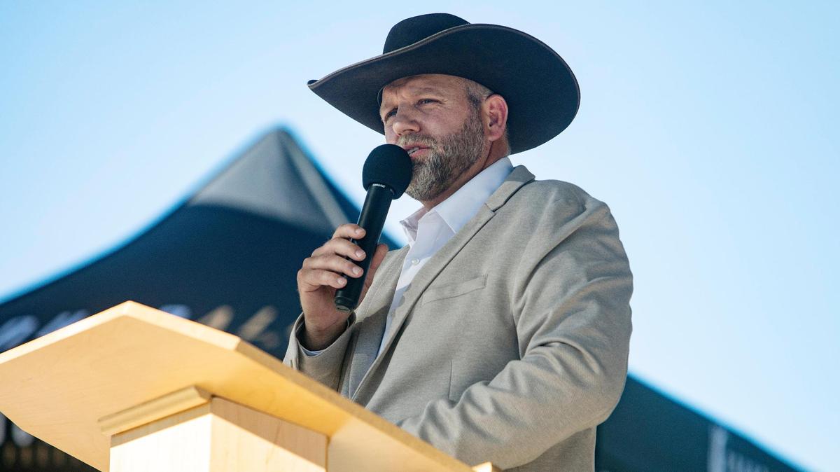 Ammon Bundy, seen announcing his run for Idaho governor two weeks ago, was found guilty of two misdemeanors on Thursday evening.