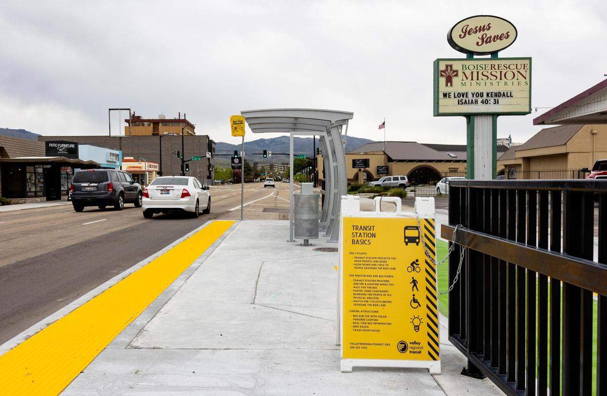 A new bus stop not in use yet is positioned in front of the Boise Rescue Mission Food Distribution Center on West Fairview Ave.