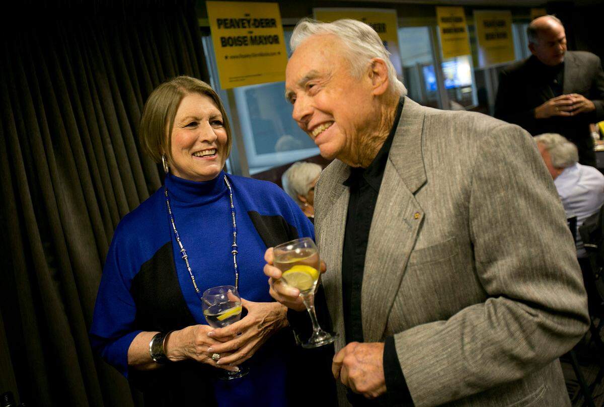 Boise Mayoral candidate Judy Peavey-Derr laughs with former Ada County Sheriff Myron Gilbert during an election night party at the Grove Hotel on Nov. 3, 2015. Gilbert had entered the race but withdrew and shifted his support to Peavey-Derr, who lost to incumbent David Bieter.