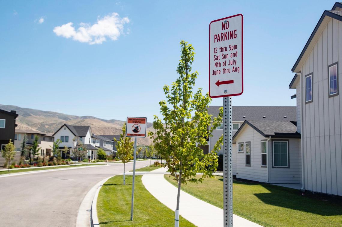 A sign for no parking on summer weekends on E Rivernest Dr. is in place to stop people from parking there for access to floating the Boise River. Increased traffic at the Boise River Float put-in at Barber Park has led to the city enforcing no parking on neighborhood streets as well as encouraging people to park at Ann Morrison Park and take the shuttle to Barber Park.