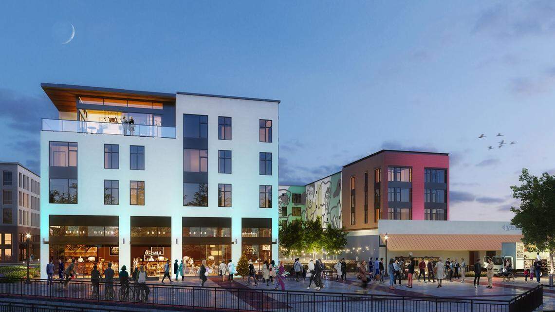 An architect’s rendering of Tilian, formerly Creekside, an apartment and retail project being developed by deChase Miksis in downtown Caldwell.