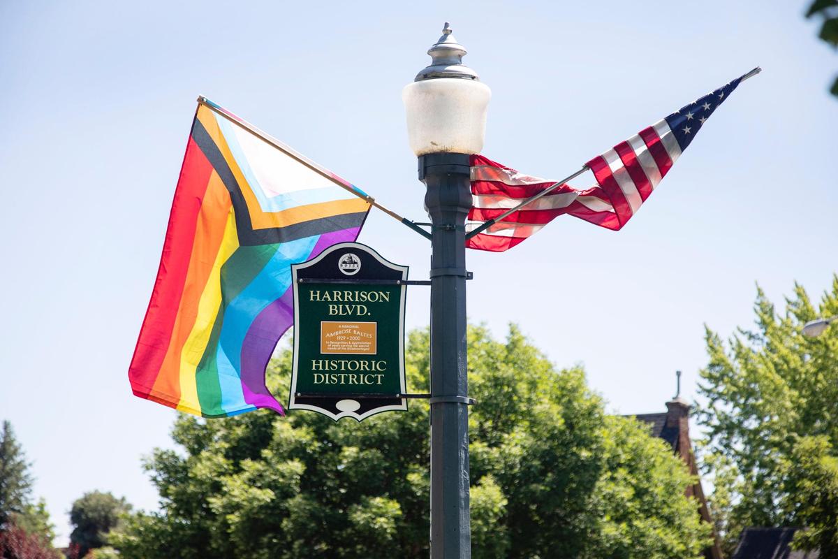 Boise Pride Festival flags along Harrison Boulevard in 2024.