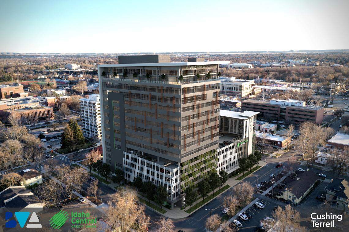 A rendering of the originally proposed configuration of the multiuse building with a 16-story tower at 200 N. 4th St. proposed by Ball Ventures Ahlquist and the Idaho Central Credit Union, looking southeast. A subsequent design change moved the tower to the right side of the 4th Street (at right) block.