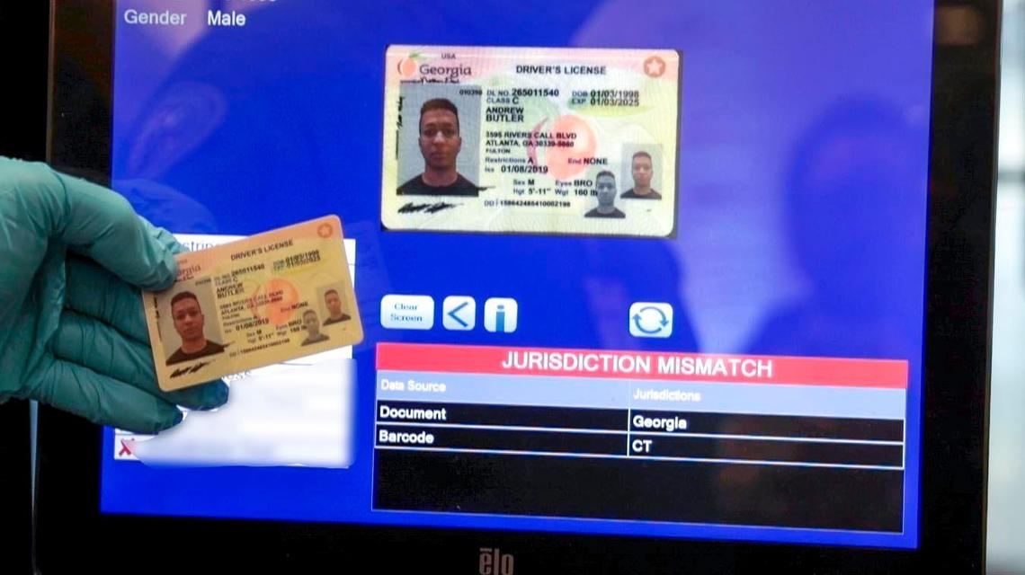 TSA officers now only need a traveler’s drivers license or official ID card, not a boarding pass, when the traveler enters a security gate. A scan of the card shows a traveler’s airline ticket information and alerts the officer if there’s a problem. In this photo, a mock ID for training purposes indicates that the traveler may not be who he says he is.