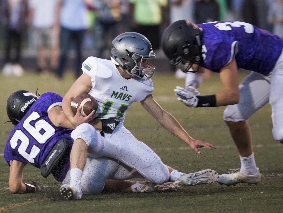 Rocky Mountain linebacker Garrett Beck was ejected for this hit on Mountain View wide receiver Blake Jablonski during the season opener Aug. 24.