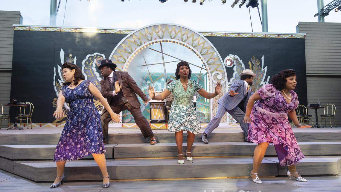 Jessie Cope Miller, left, David Robbins, LaTrisa Harper, Tyrick Wiltez and Terita Redd, rehearse for Idaho Shakespeare Festival’s production of “Ain’t Misbehavin’ ” on Tuesday.