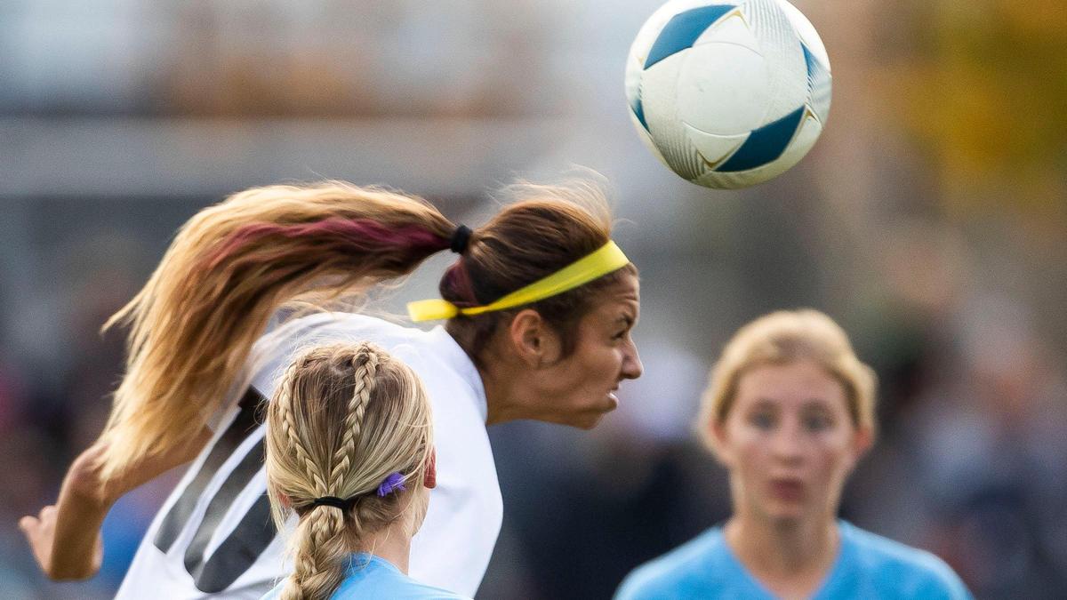 Vallivue striker Lizbeth Soto rises for a header Saturday in the 4A girls soccer state championship against Twin Falls.