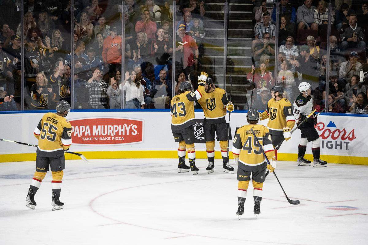 Paul Cotter and Nicolas Roy celebrate the Vegas Golden Knights’ second goal in a victory over the Arizona Coyotes on Saturday night at the Idaho Central Arena.