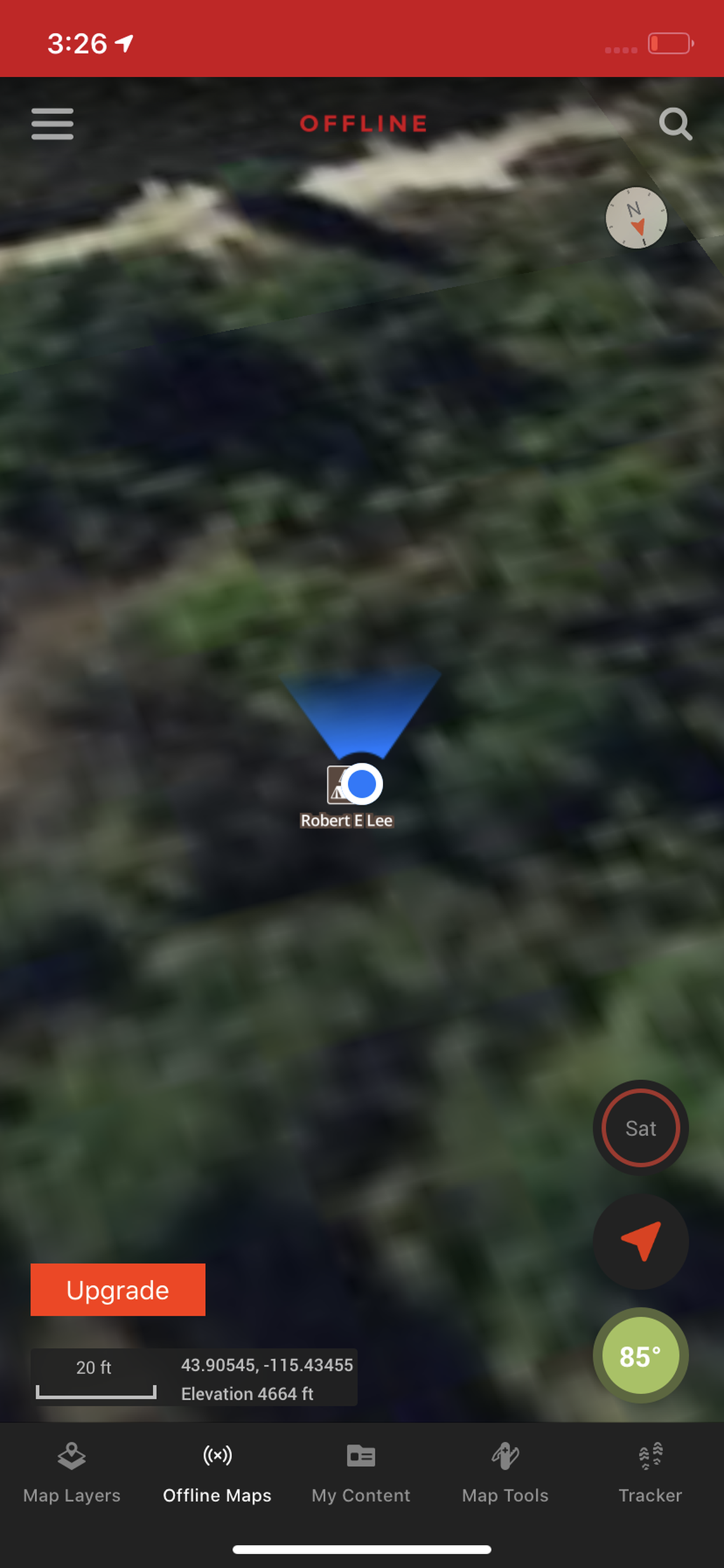 OnX, a mapping app used for hunting and other outdoor activities, still shows the location of the former Robert E. Lee campground in the Boise National Forest. Reporters Nicole Blanchard and Nicole Foy visited the site in June, as shown in this screenshot of their location at the site, but found no evidence of the name or any Forest Service infrastructure.