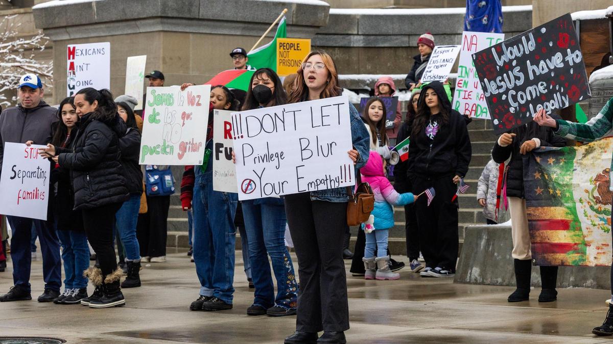 Hundreds of demonstrators gathered at the Idaho Statehouse Friday, yelling pro-immigration chants and holding signs decrying racism and deportation orders.