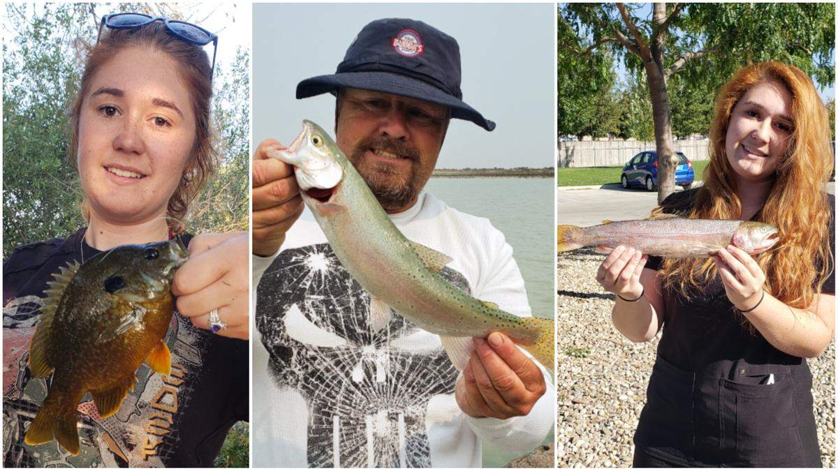 From left to right: Hayleigh Urban and her record 8-inch green sunfish/bluegill hybrid, Jon Urban and his record 15.25-inch Lahontan cutthroat trout, and Hayleigh Urban and her record 1.17-pound Lahontan cutthroat trout. The Urbans set five Idaho fishing records this summer.
