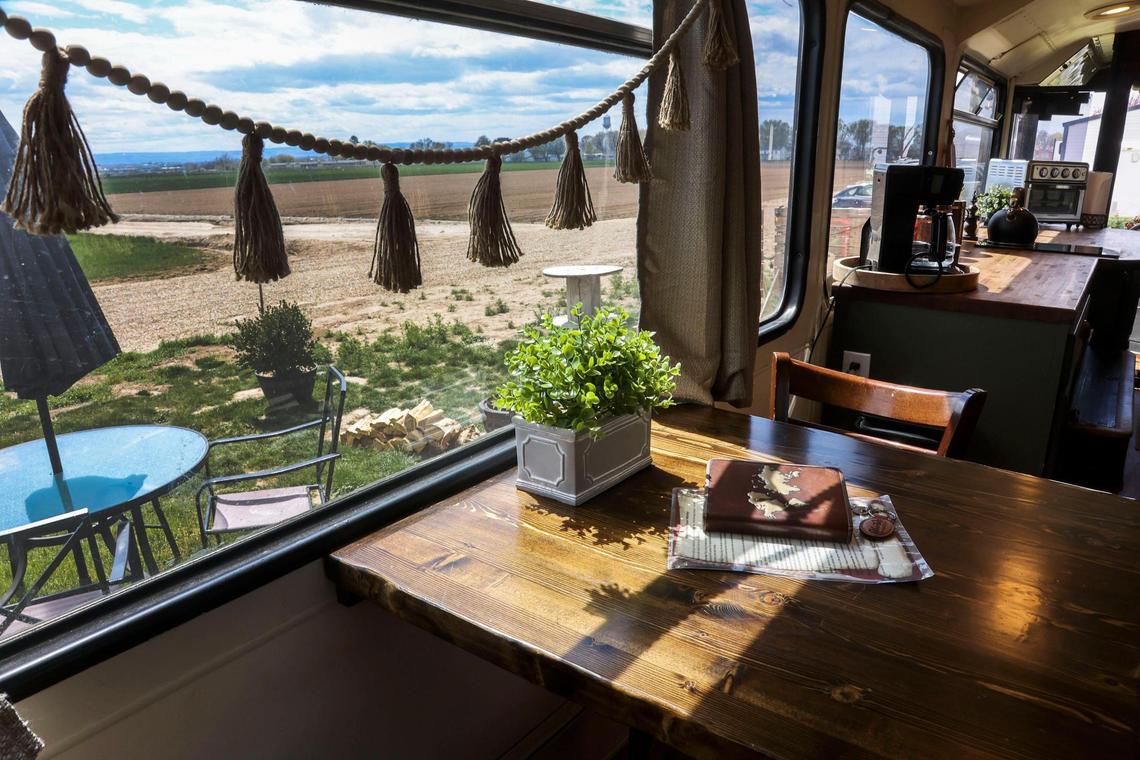 It’s not the typical view one might expect while seated in this once active English double-decker bus— now a unique Airbnb destination looking over farmland in Caldwell.