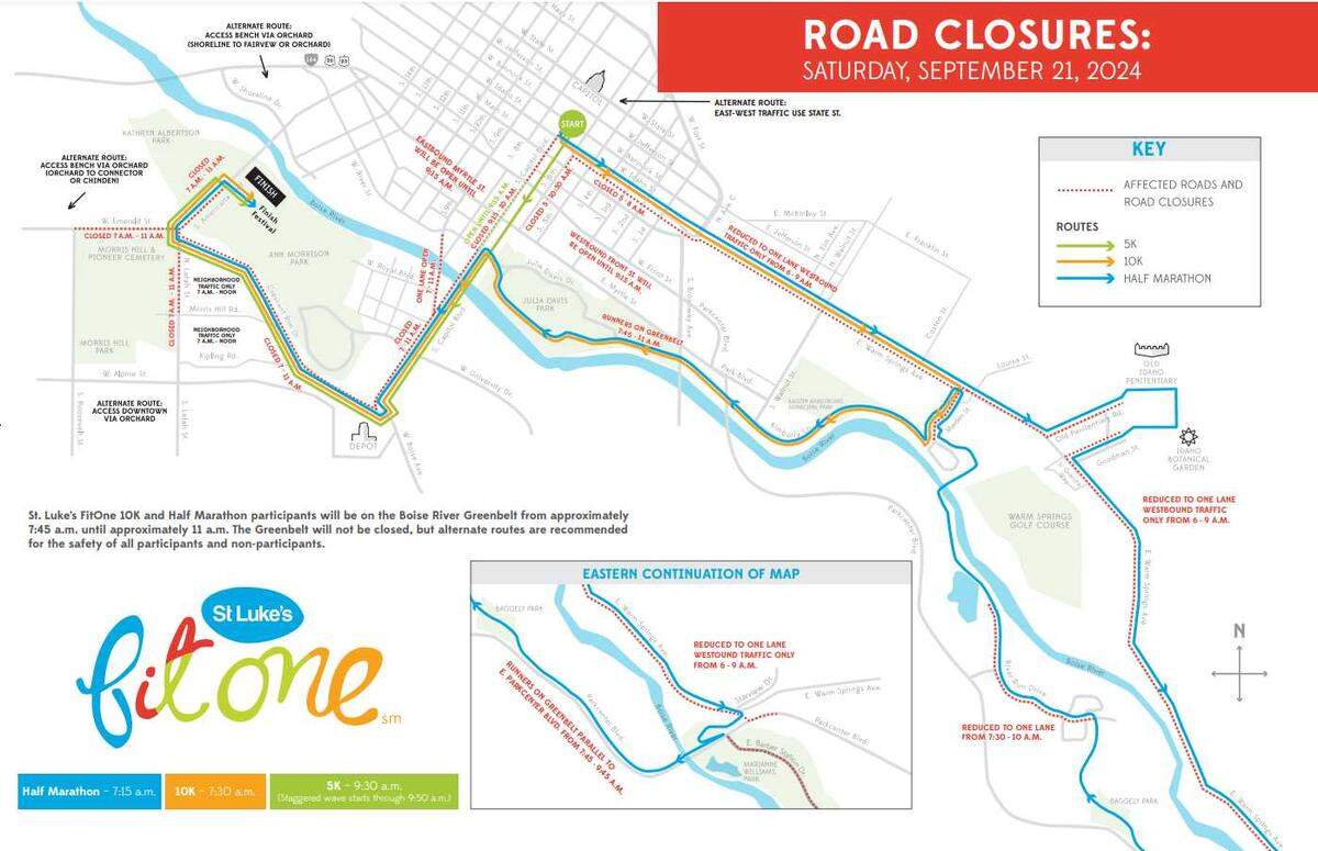 A map of the annual St. Luke’s FitOne Race on Saturday, September 21, 2024 through Boise. Residents are advised to plan accordingly as there are major road and lane closures.