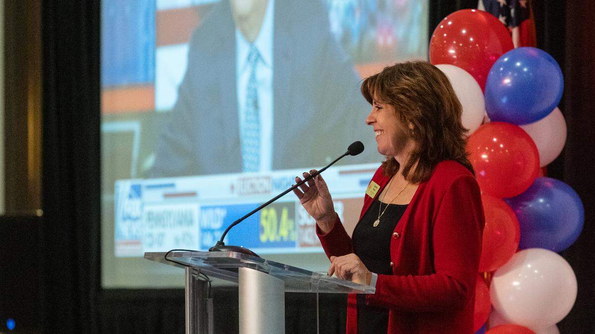 Dorothy Moon, chairwoman of the Idaho Republican Party, leads a watch party for Idaho Republican candidates at the Grove Hotel in Boise on Nov. 8, 2022.