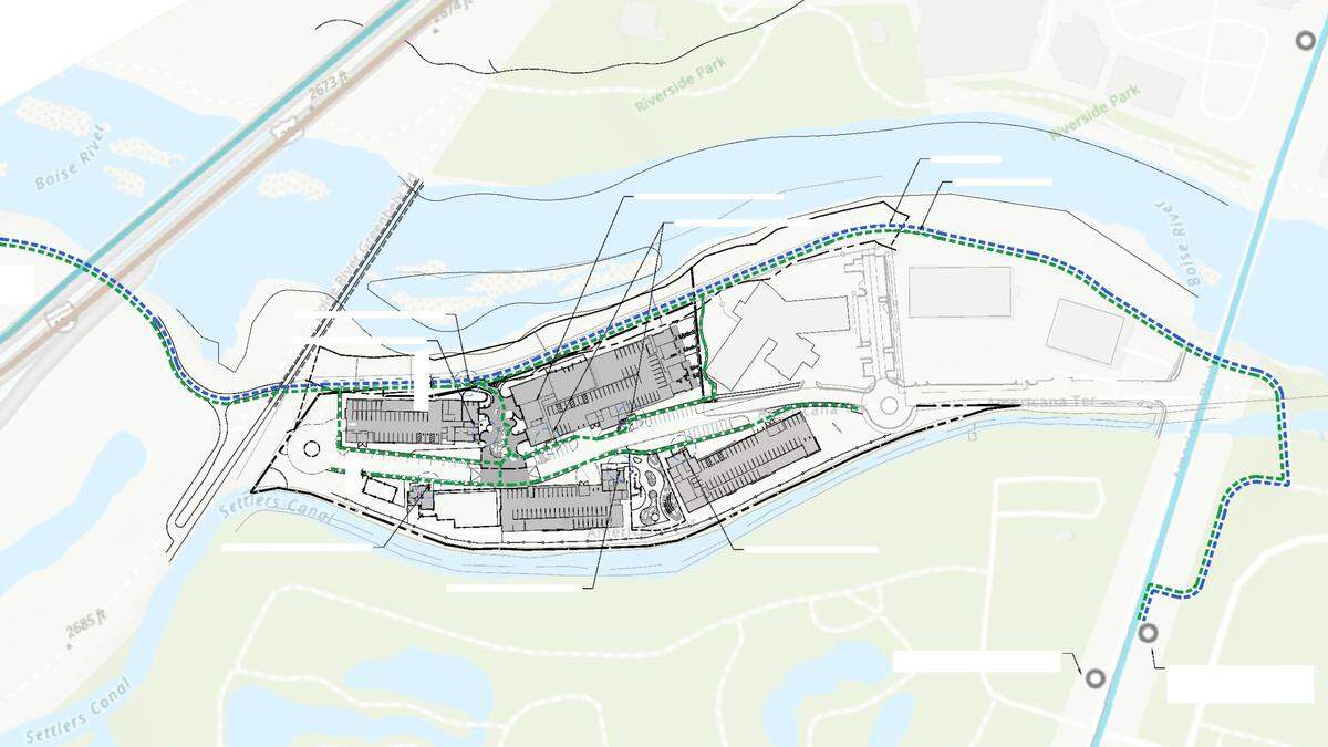 This map shows how the complex would connect into the Boise River Greenbelt with a dotted line north of the site showing a bike and walking path. Kathryn Albertson Park is directly south of the site.