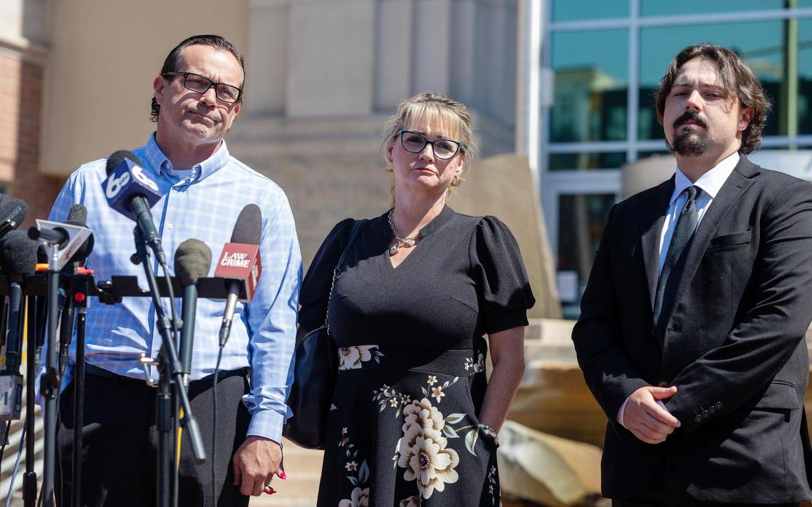 Father Steve Goncalves, mother Kristi Goncalves and brother Steven Goncalves speak about victim Kaylee Goncalves outside of the Ada County Courthouse after the sentencing of Bryan Kohberger, Wednesday, July 23, 2025. Kohberger, who pleaded guilty to the first-degree murders of four University of Idaho students, including Goncalves, received four consecutive life sentences on four counts of first-degree murder.