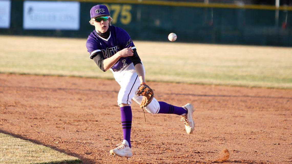 Rocky Mountain second baseman Eli Anderson flips a quick throw to first base to beat the runner Tuesday at Mountain View High.