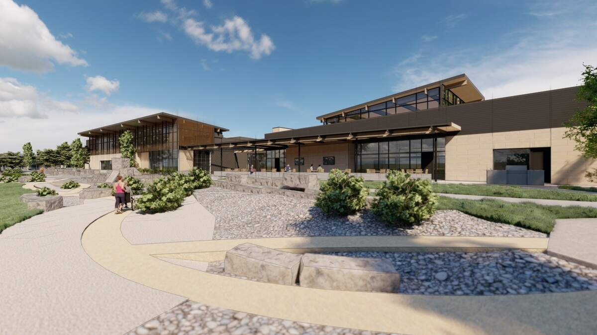 A rendering shows the back of the future Idaho Outdoor Fieldhouse. The building will have access to the Boise River and Greenbelt.