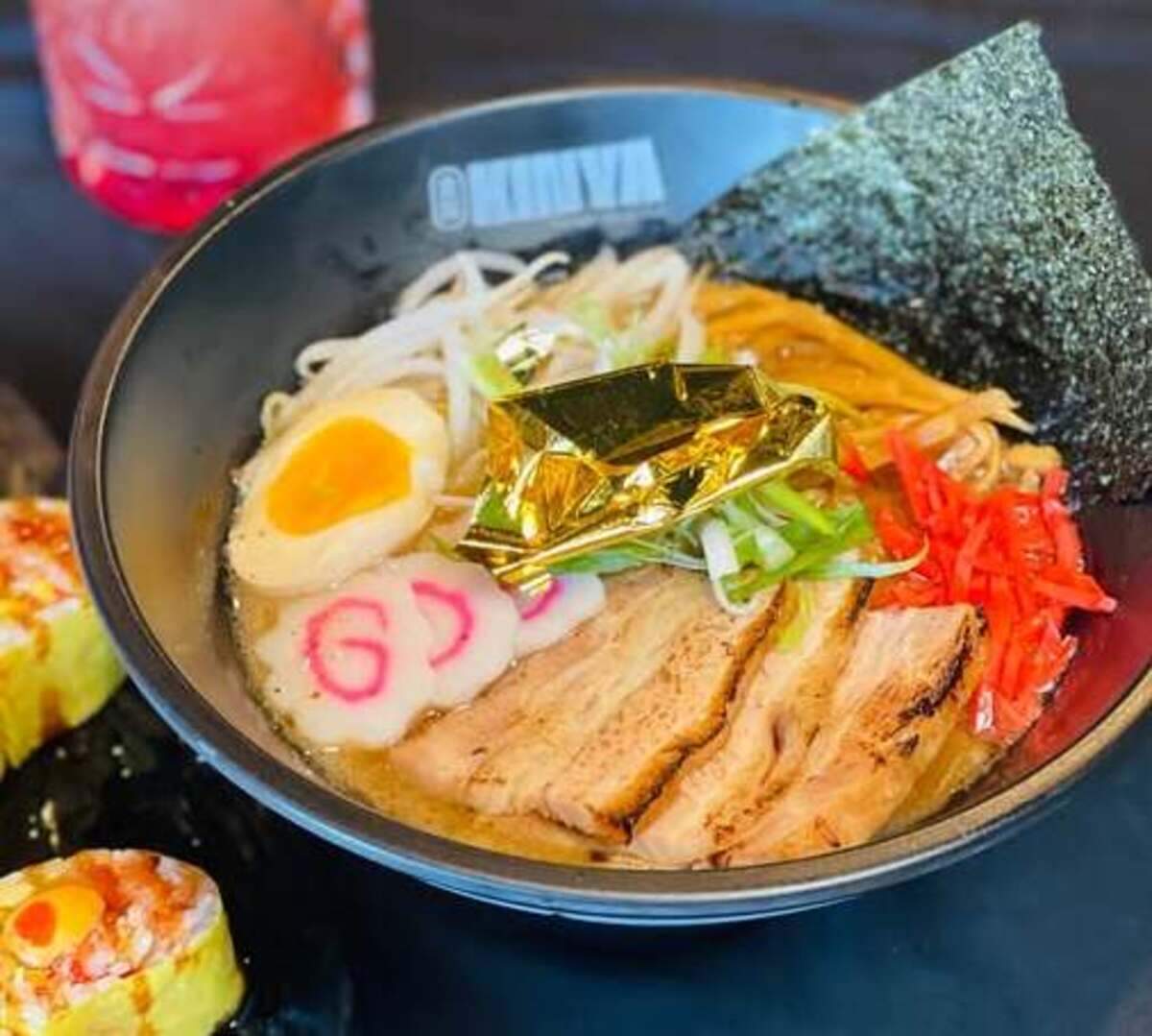 Edible gold is used on top of a bowl of Kinya Ramen.