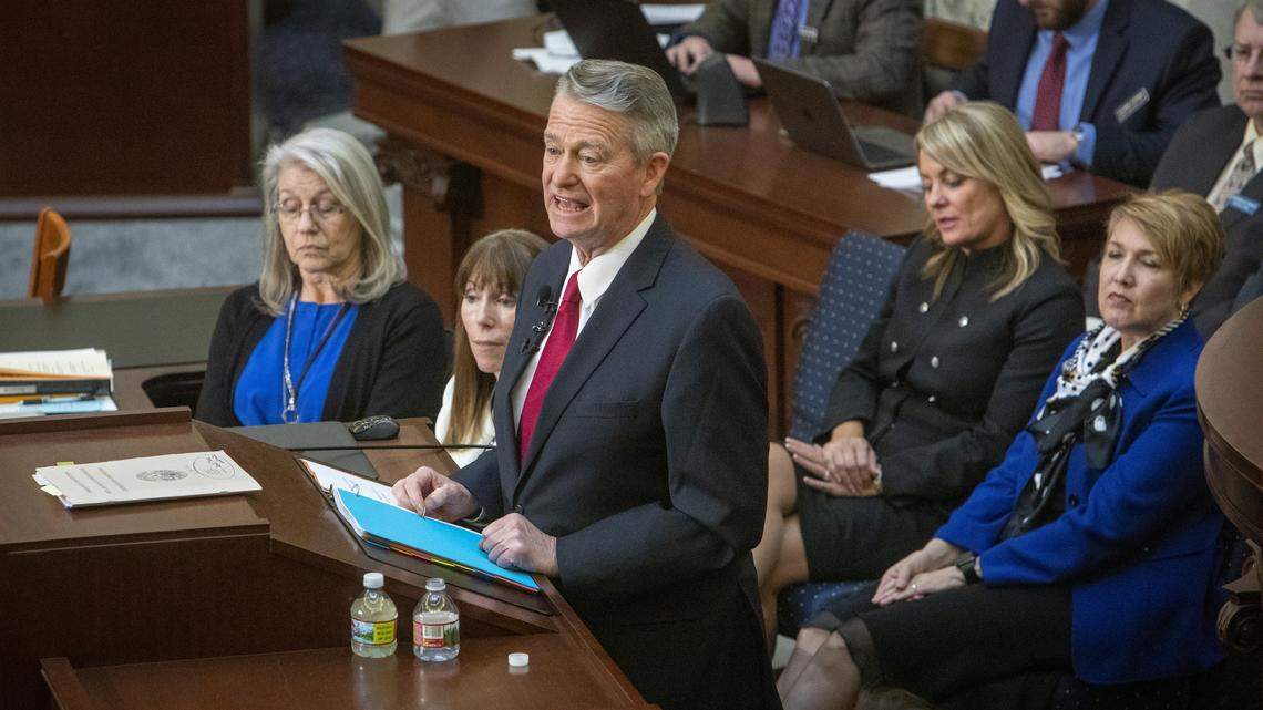 Idaho Gov. Brad Little gives his State of the State address to the joint House, Senate and judiciary on Jan. 6, 2020.