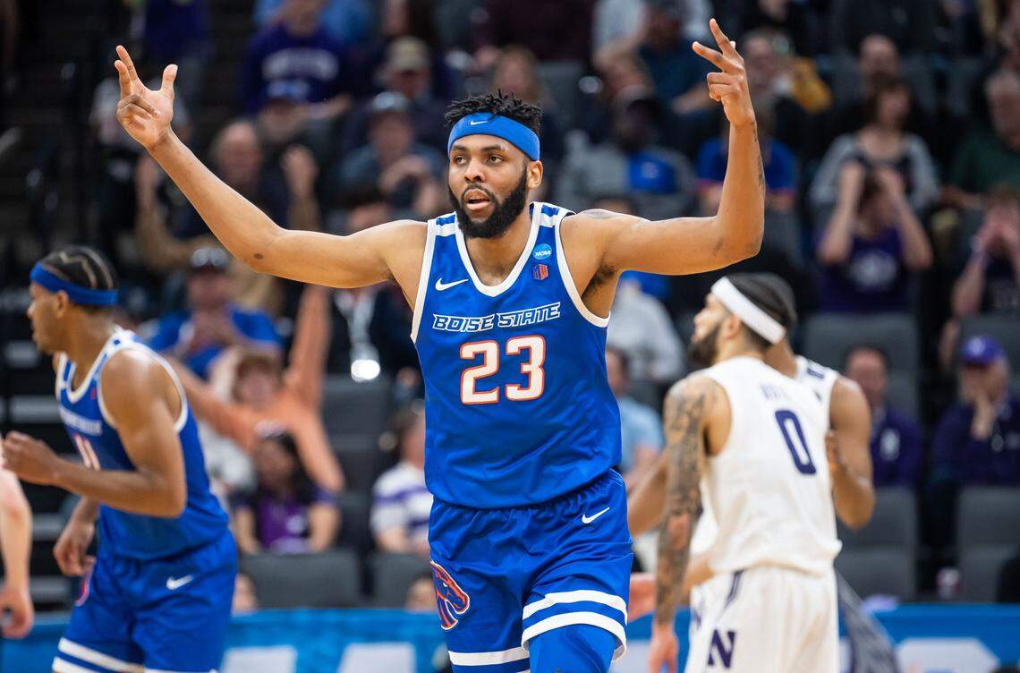 Boise State Broncos forward Naje Smith celebrates a 3-pointer against the Northwestern Wildcats during the first half of an NCAA Tournament game Thursday at Golden 1 Center.
