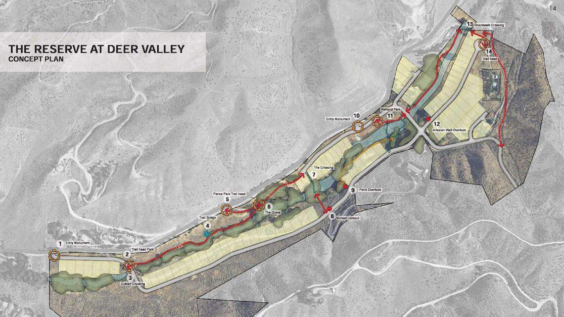 This map shows a concept plan for the development with home sites in yellow rectangles, the trail system in red and natural amenities in green.