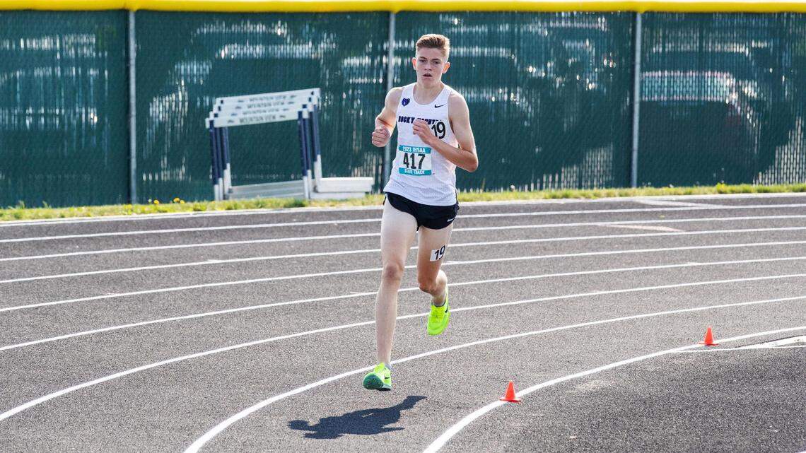 Landon Heemeyer of Rocky Mountain comes in first place in the 5A boys 3,200 meters Friday at the state track and field championships at Mountain View High.