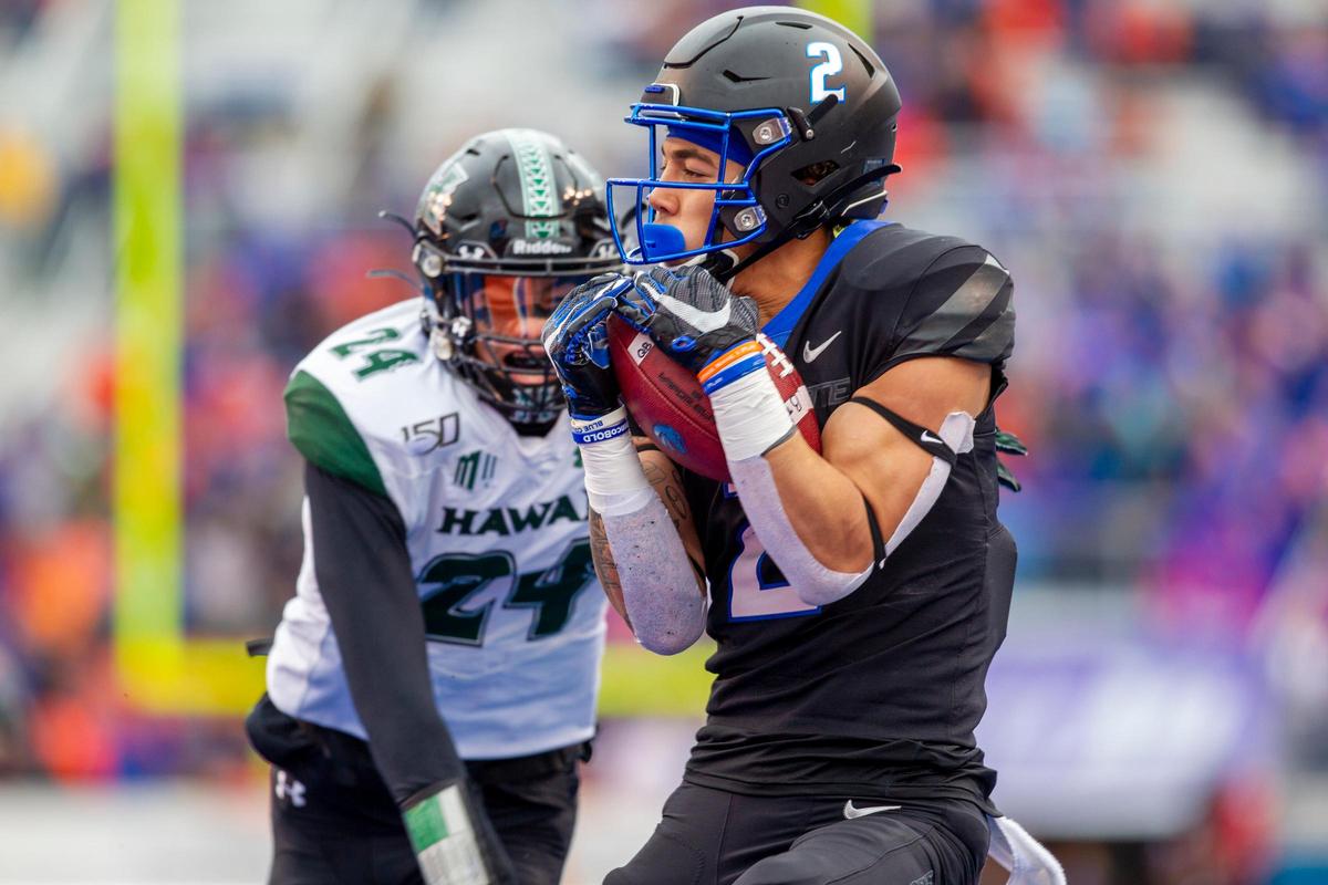 Boise State wide receiver Khalil Shakir hauls in a 36-yard touchdown pass last season against Hawaii in the Mountain West championship game.