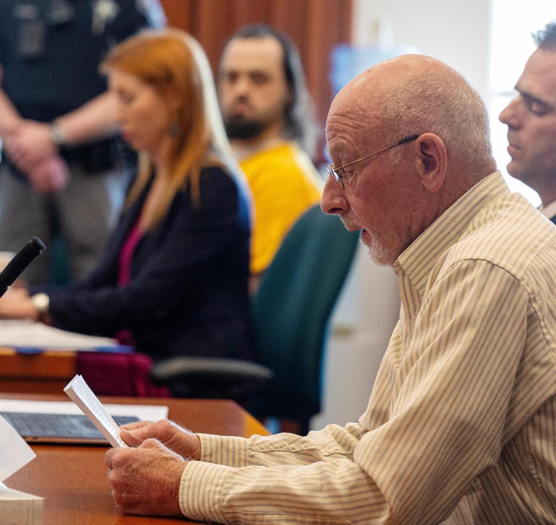 Mike Warnock, father of Milo Warnock, gives his victim impact statement at the sentencing of James Johnson at the Ada County Courthouse, Friday, April 4, 2025.