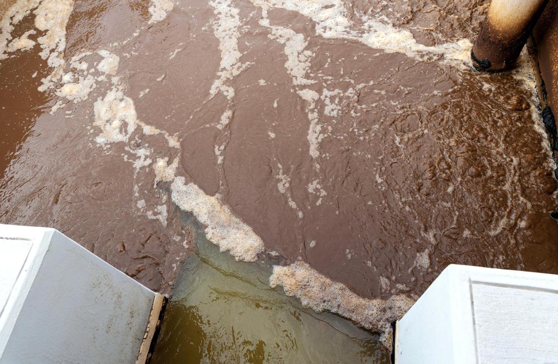 Wastewater goes into a mix box at Kuna’s wastewater treatment plant in 2023.