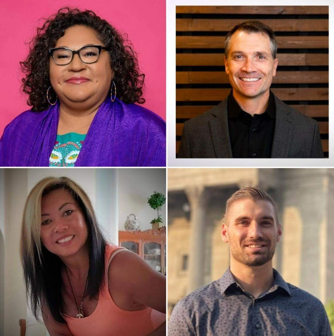 The candidates for the Boise City Council District 3 election. Top row: Lisa Sanchez (left) and Greg MacMillan. Bottom row: Maria Santa Cruz-Cernik and Nicholas Domeny.