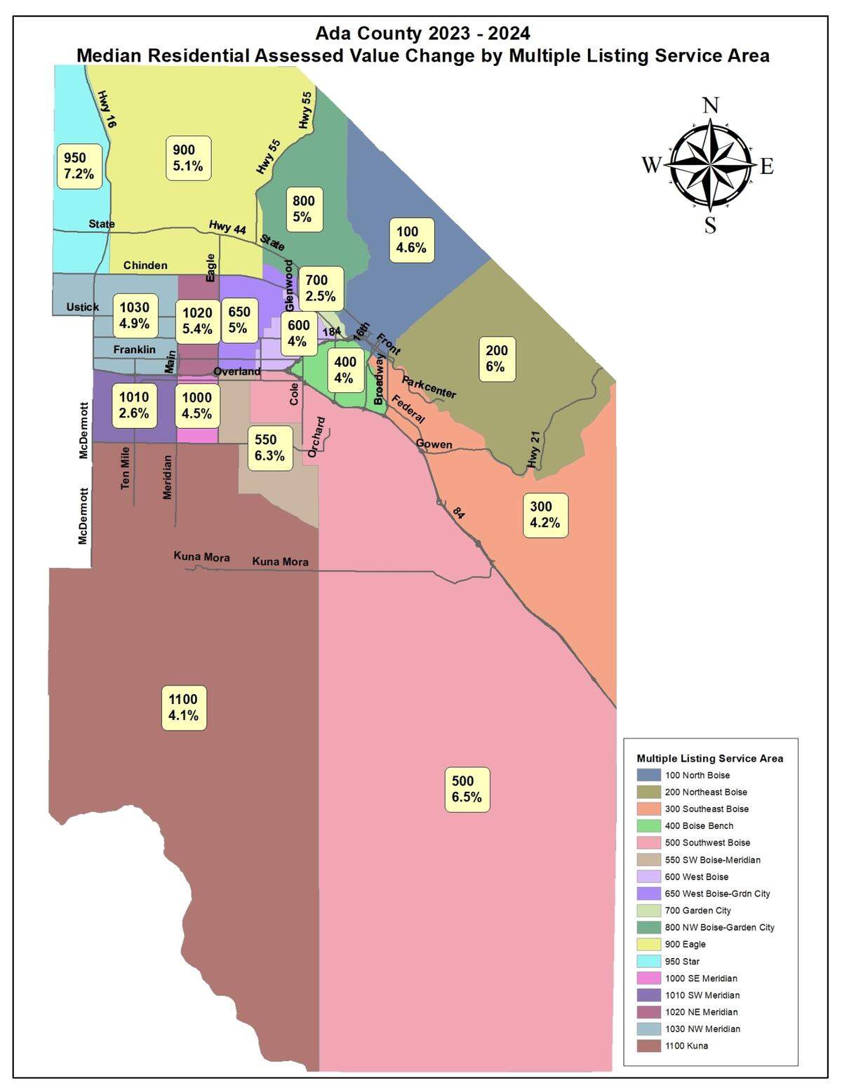 The median percentage increases of the assessed values of residential properties in Ada County in 2023. These increases were applied to 2024 assessments mailed to property owners in May. The county assessor uses zone-by-zone home-sales data compiled by the Intermountain Multiple Listing Service, an arm of the Boise Regional Realtors.