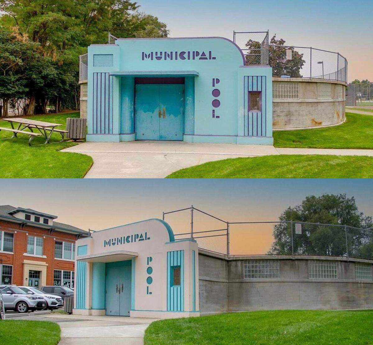 South Pool, top, and Lowell Pool are known for their Art Deco facades and unusual above-ground structure.