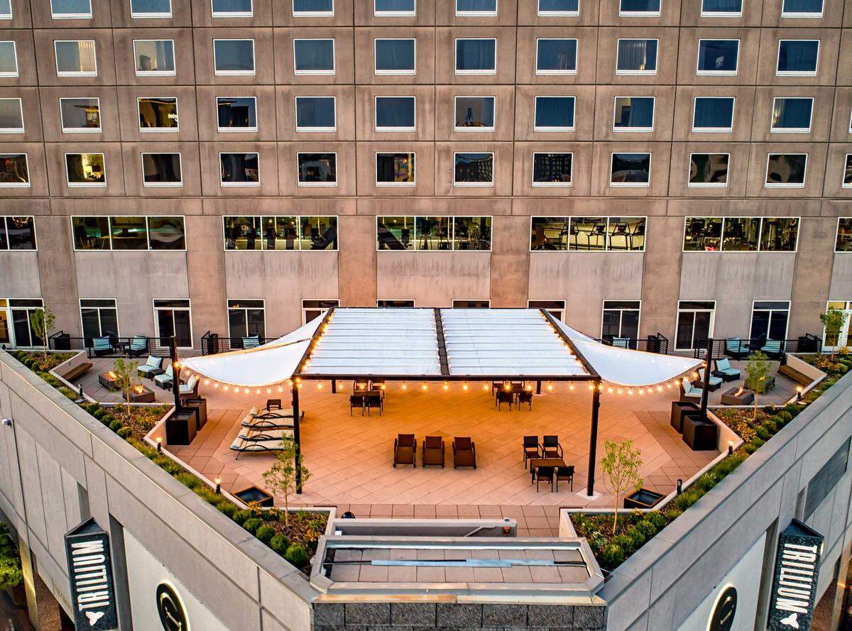 The newly opened Terrace rooftop lounge features a covered area. "When driving by the hotel on Capitol or Front in the evening, it’ll be hardto miss the Edison bulbs illuminating the 4th floor roof," The Grove says in a news release.