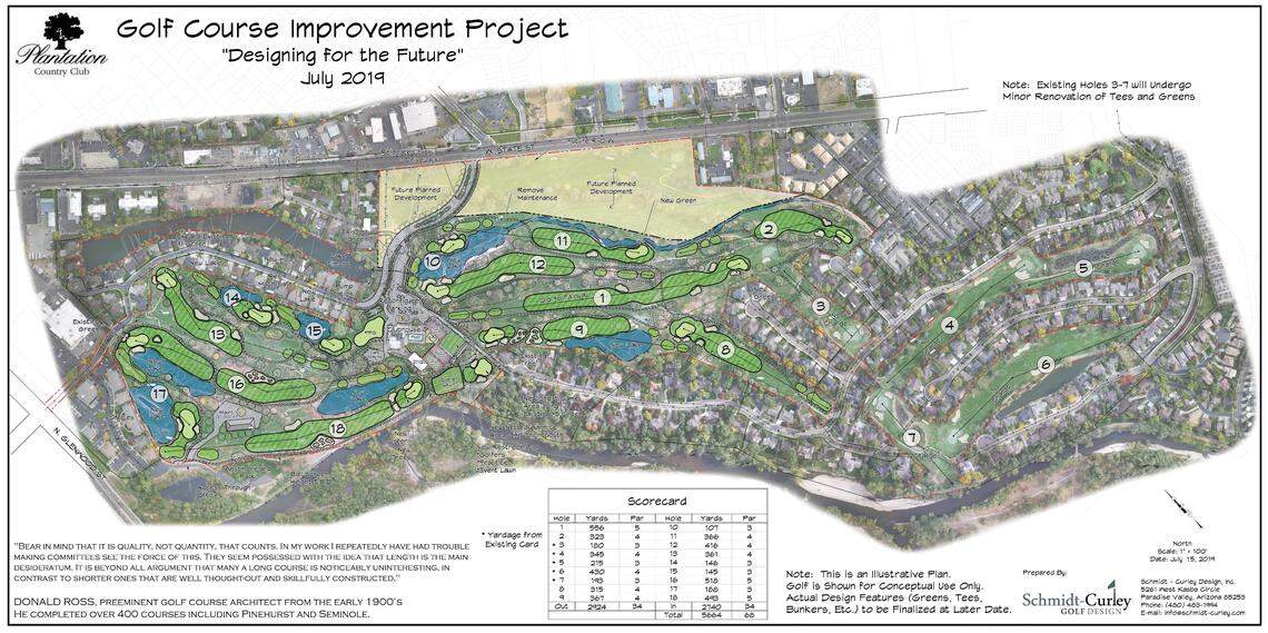 A conceptual drawing shows how the Plantation Country Club might get redesigned after a section of the golf course’s northern border is removed for the widening of State Street by the Ada County Highway District. The par-71 course will lose three strokes with the change.