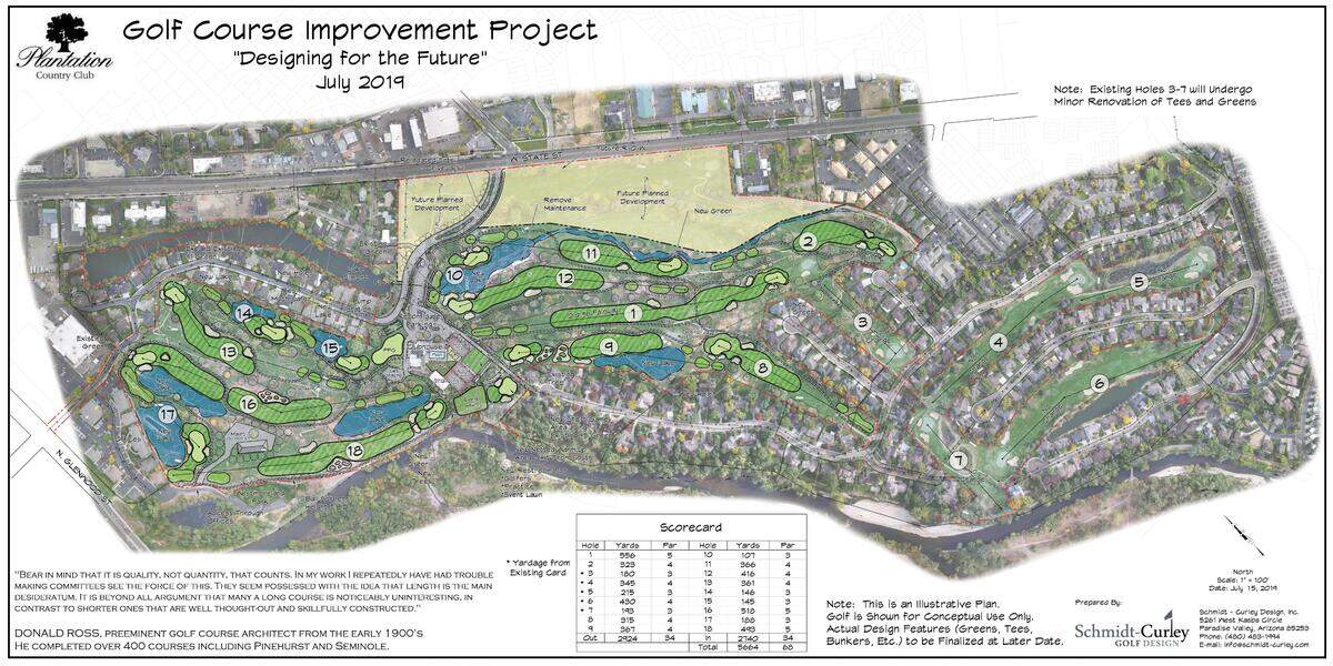 A conceptual drawing shows how the Plantation Country Club might get redesigned after a section of the golf course’s northern border is removed for the widening of State Street by the Ada County Highway District. The par-71 course will lose three strokes with the change.