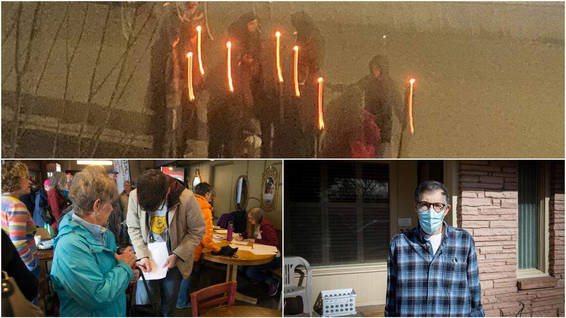 Protesters with torches, top, show up at the house of Idaho Rep. Greg Chaney, R-Caldwell. John Prusia, bottom right, of Nampa, shared his struggles getting a COVID-19 vaccine, and a new bill would increase the requirements for signatures to get a citizen initiative on the ballot in Idaho, bottom left.