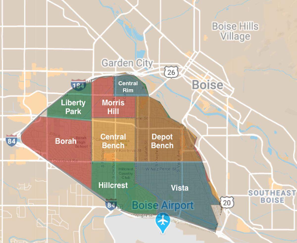 The Boise Bench is the elevated flatland defined by Interstate 84 on the south and the I-84 Connector, Crescent Rim Drive and Federal Way on the west, north and east. Neighborhoods like Morris Hill, the Central Bench, Depot Bench and Vista could be quick to redevelop because of their attractive homes and proximity to downtown.