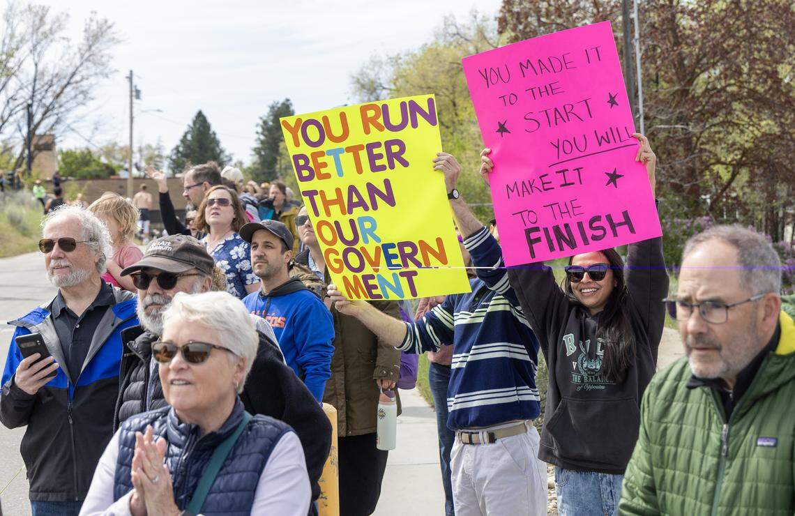 Spectators watch runners competing in Boise’s famous Race to Robie Creek half-marathon Saturday.
