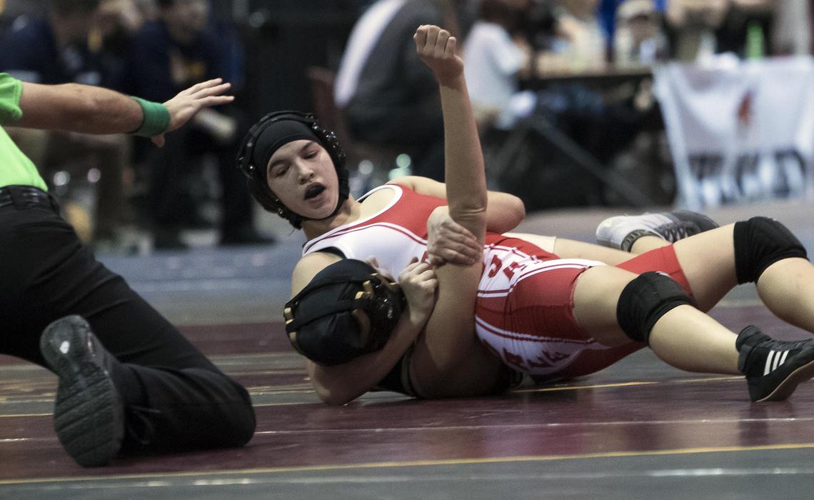 Homedale’s Kaydince Turner pins Aliana Giddings of Kuna in the 132-pound bracket at the Rollie Lane Invitational. Rollie Lane hosted its first separate girls division in January.