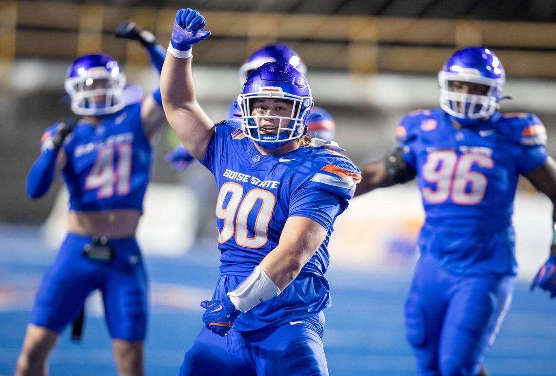 Boise State defensive tackle Braxton Fely celebrates a fourth-quarter sack against New Mexico during a game last season.