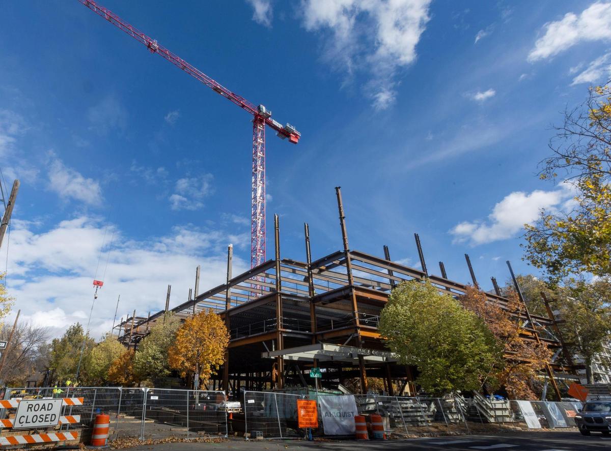 The structure at the corner of Idaho Avenue and 4th Street in Boise is taking shape as crews construct the ICCU Plaza.