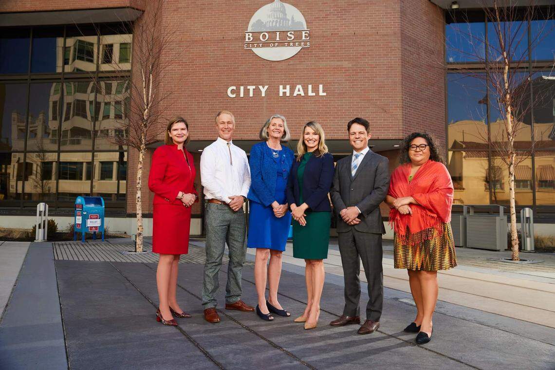 Boise City Council members, from left, Luci Willits, Jimmy Hallyburton, Elaine Clegg, Holli Woodings, Patrick Bageant and Lisa Sánchez.