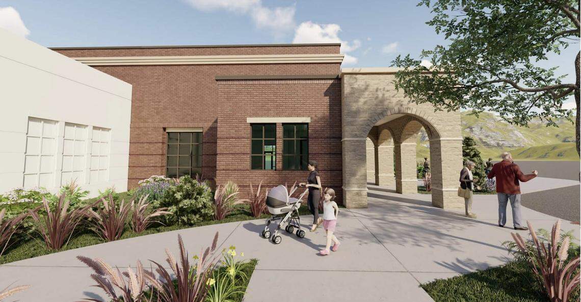 An artist’s rendering of the entrance to the addition proposed for Eagle City Hall, as view from the west side. The addition would include space for a new community center, as was proposed by Mayor Jason Pierce.