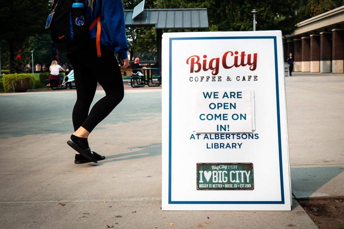 A sign for Big City Coffee’s shop inside the Albertsons Library building on the Boise State University campus.