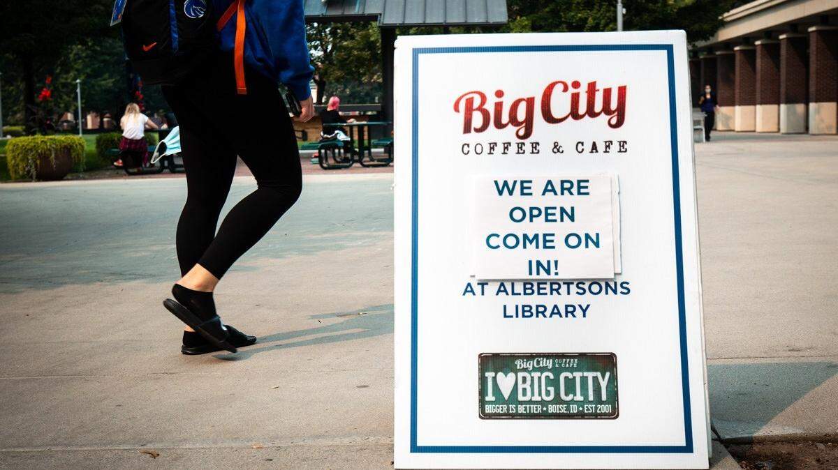 A sandwich board on the quad at Boise State University advertises the Big City Coffee shop that briefly operated inside the university library. The shop closed in October 2020.